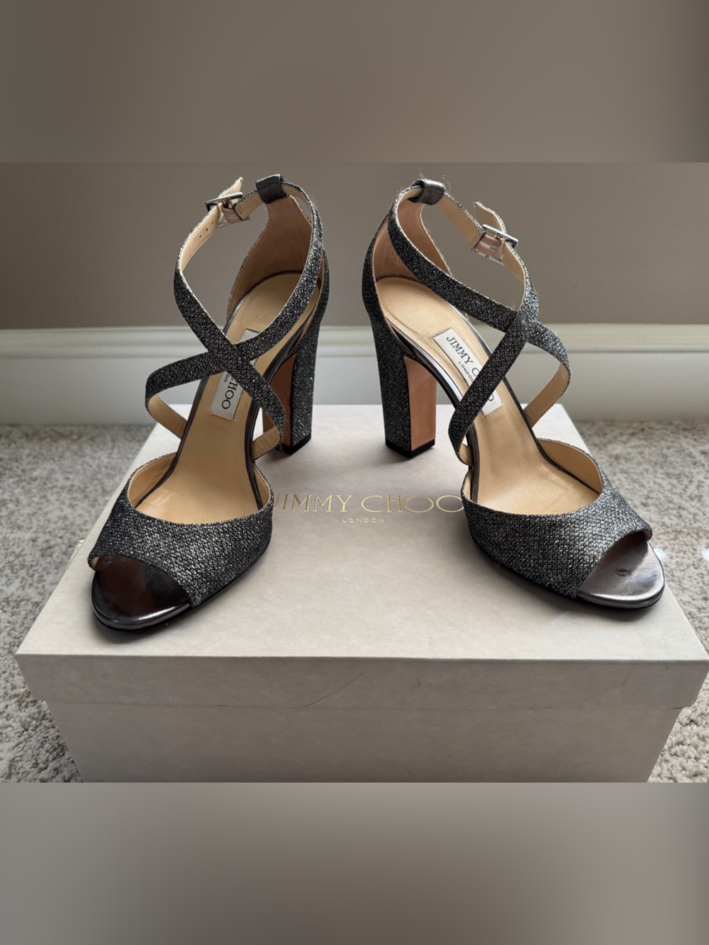 Jimmy Choo Black Glitter Crisscross Strap Heels